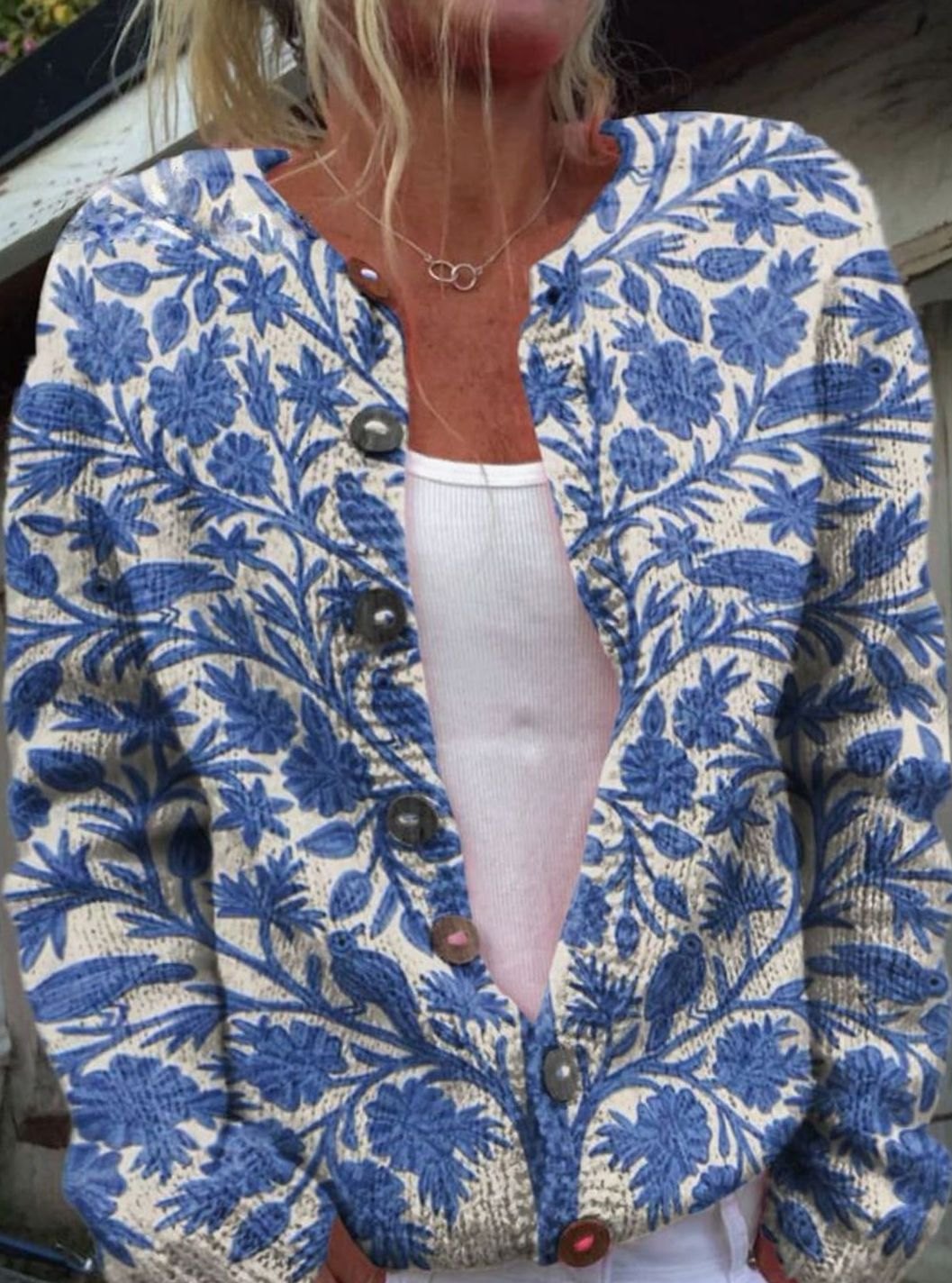 Women's Vintage Floral Knit Cardigan Button-Front Sweater - Blue
