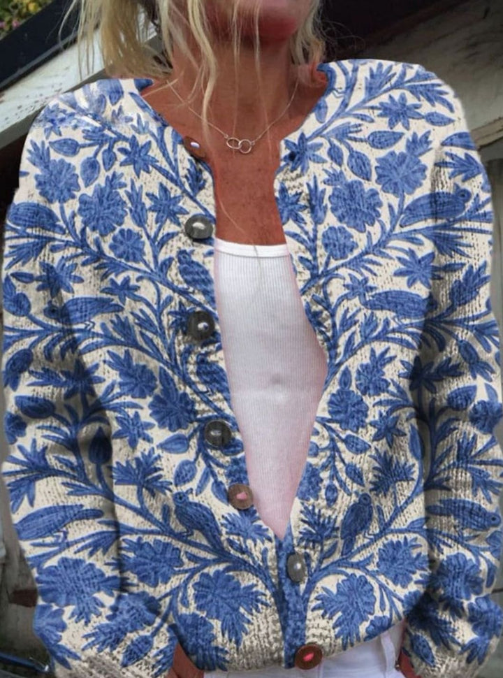 Women's Vintage Floral Knit Cardigan Button-Front Sweater - Blue