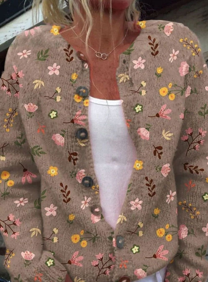Women's Vintage Floral Knit Cardigan Button-Front Sweater - Brown