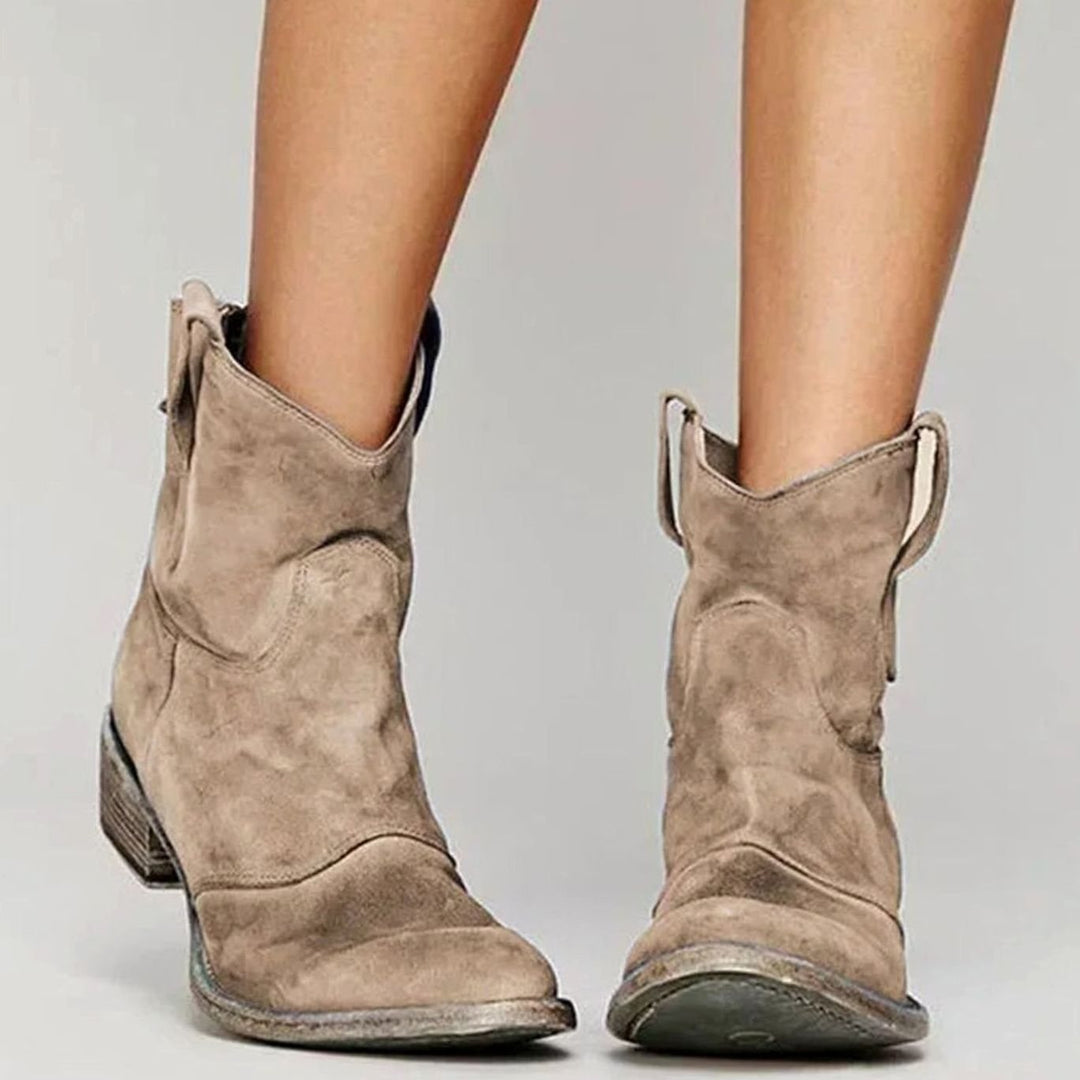 Women's Vintage-Inspired Suede Low-Heel Western Cowboy Boots - Brown