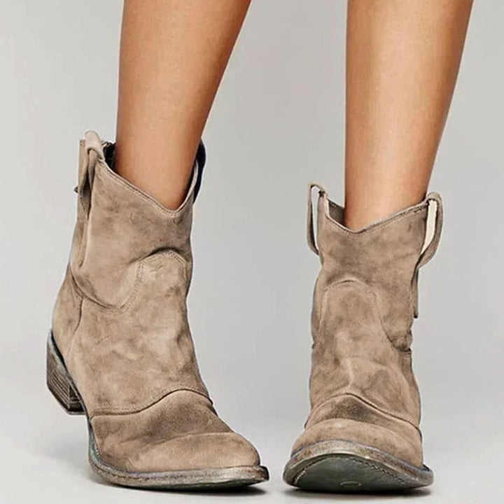 Women's Vintage-Inspired Suede Low-Heel Western Cowboy Boots - Brown
