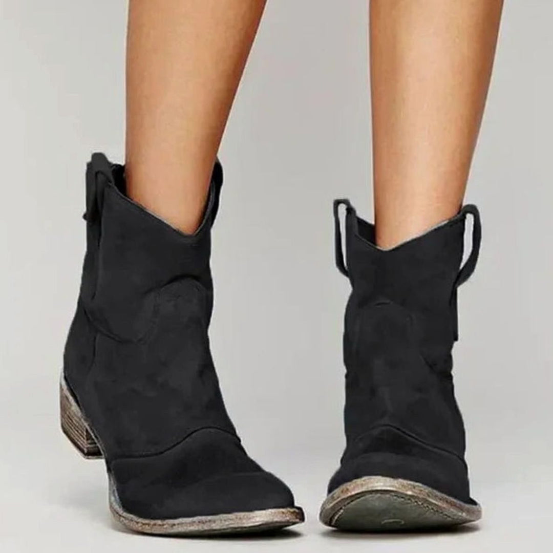 Women's Vintage-Inspired Suede Low-Heel Western Cowboy Boots - Black