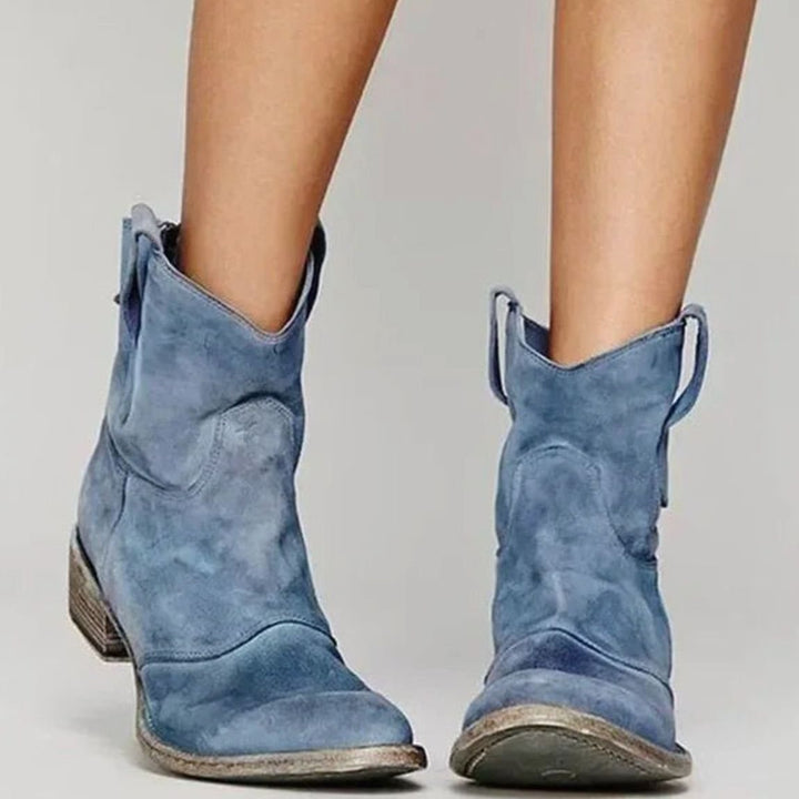Women's Vintage-Inspired Suede Low-Heel Western Cowboy Boots - Blue