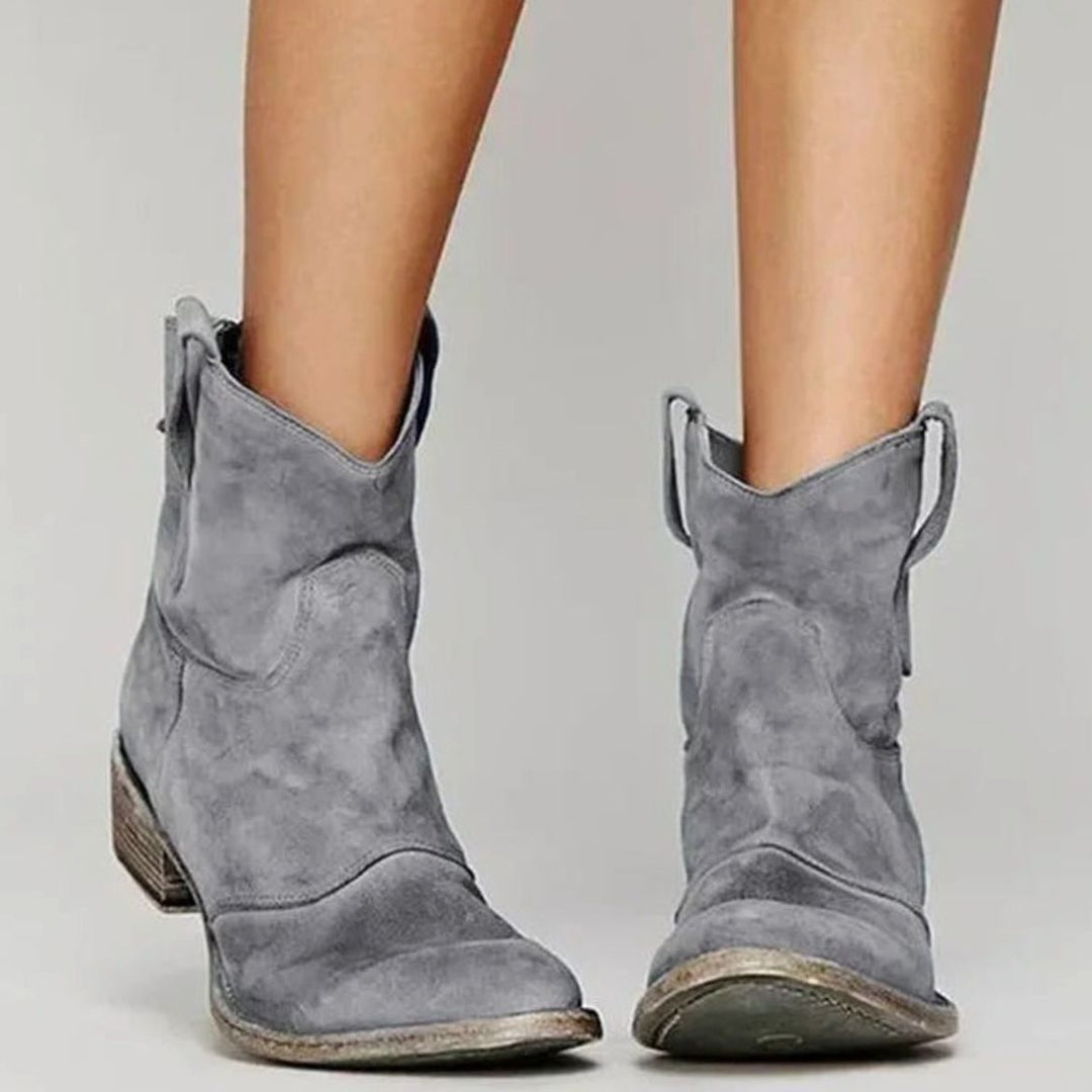 Women's Vintage-Inspired Suede Low-Heel Western Cowboy Boots - Gray