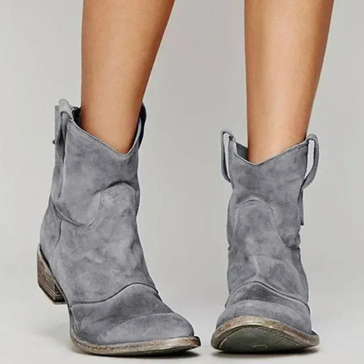 Women's Vintage-Inspired Suede Low-Heel Western Cowboy Boots - Gray