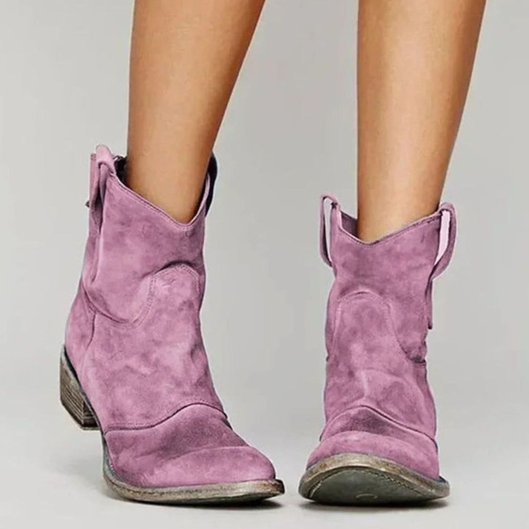 Women's Vintage-Inspired Suede Low-Heel Western Cowboy Boots - Pink