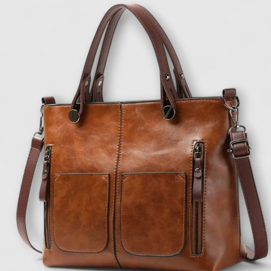 Women's Vintage-Style Convertible Leather Bag Double-Pocket Tote - Brown