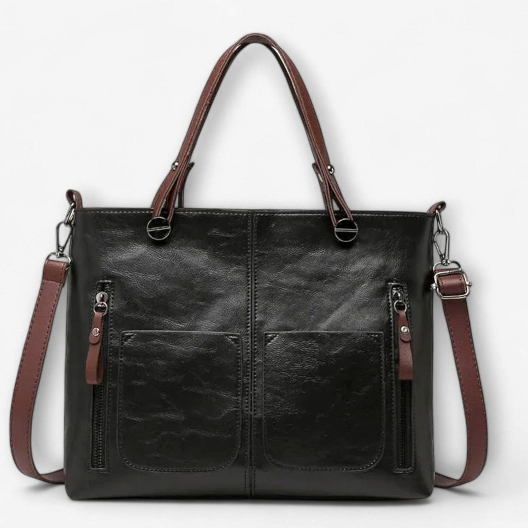 Women's Vintage-Style Convertible Leather Bag Double-Pocket Tote - Black