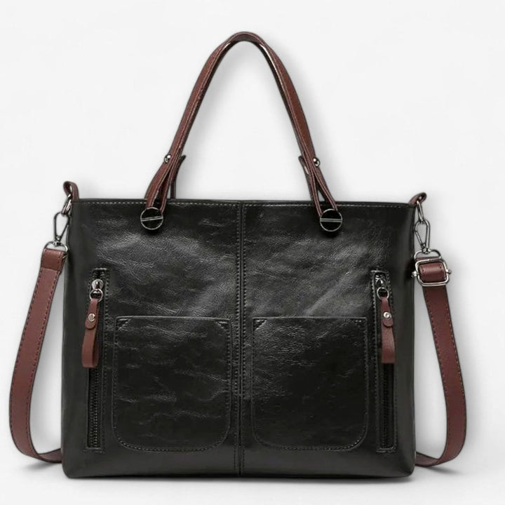 Women's Vintage-Style Convertible Leather Bag Double-Pocket Tote - Black