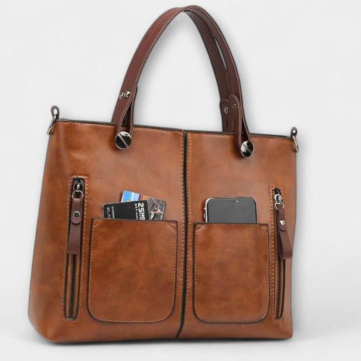 Women's Vintage-Style Convertible Leather Bag Double-Pocket Tote