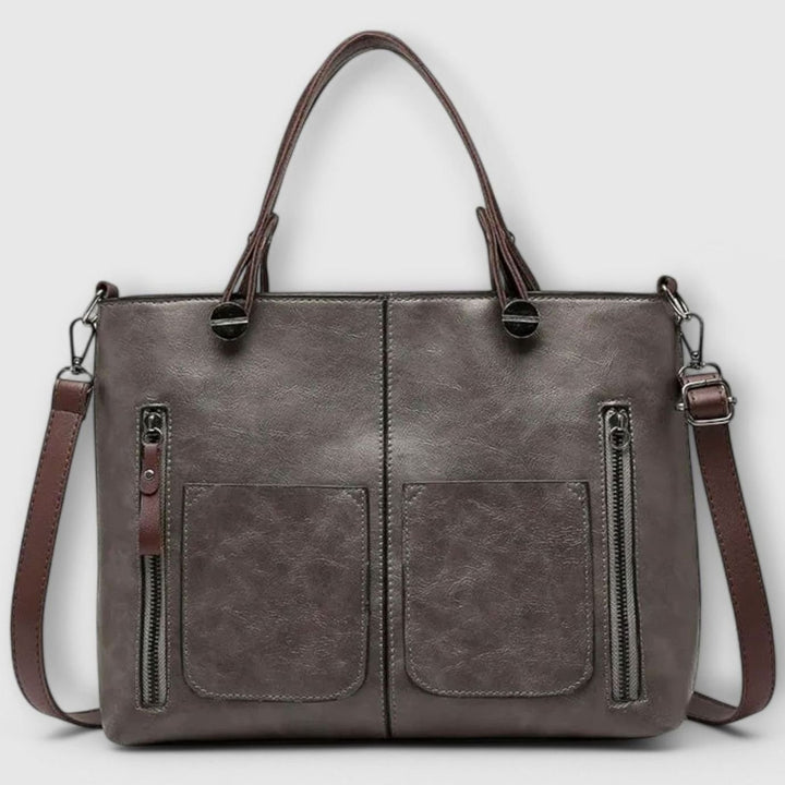 Women's Vintage-Style Convertible Leather Bag Double-Pocket Tote - Gray