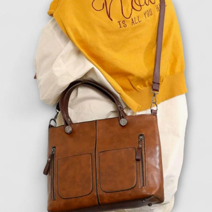 Women's Vintage-Style Convertible Leather Bag Double-Pocket Tote