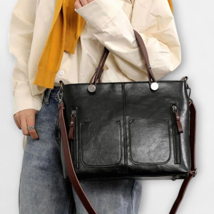 Women's Vintage-Style Convertible Leather Bag Double-Pocket Tote
