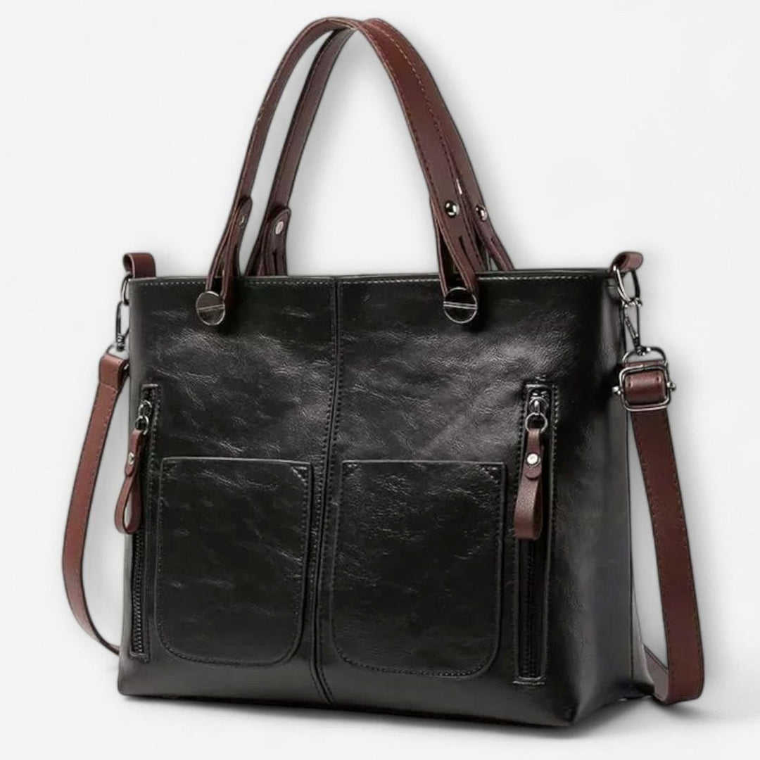 Women's Vintage-Style Convertible Leather Bag Double-Pocket Tote