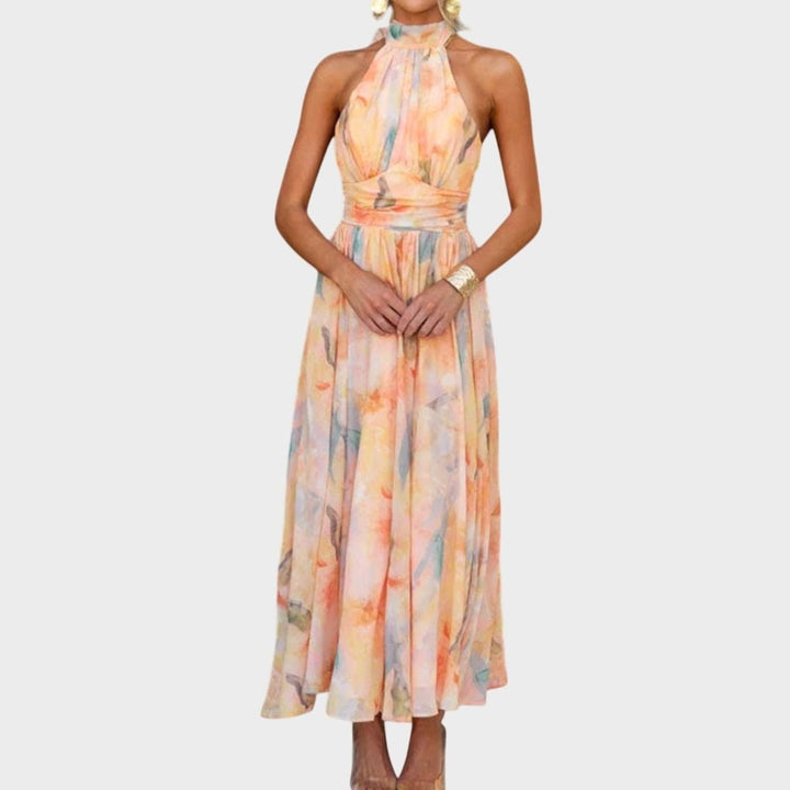 Women's Watercolor Print Halter-Neck Open-Back Maxi Dress - Premium
