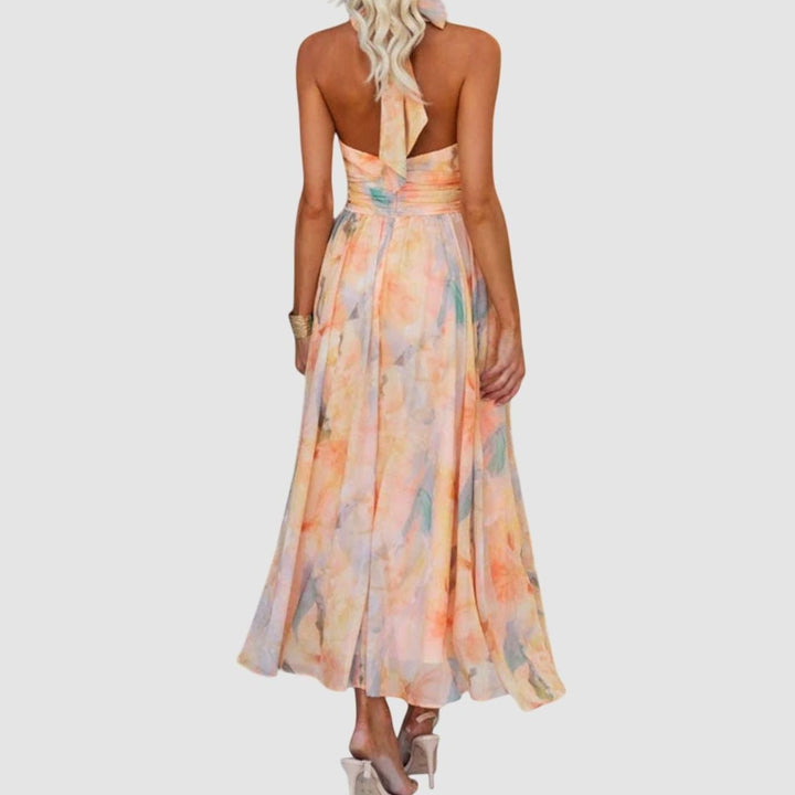 Women's Watercolor Print Halter-Neck Open-Back Maxi Dress