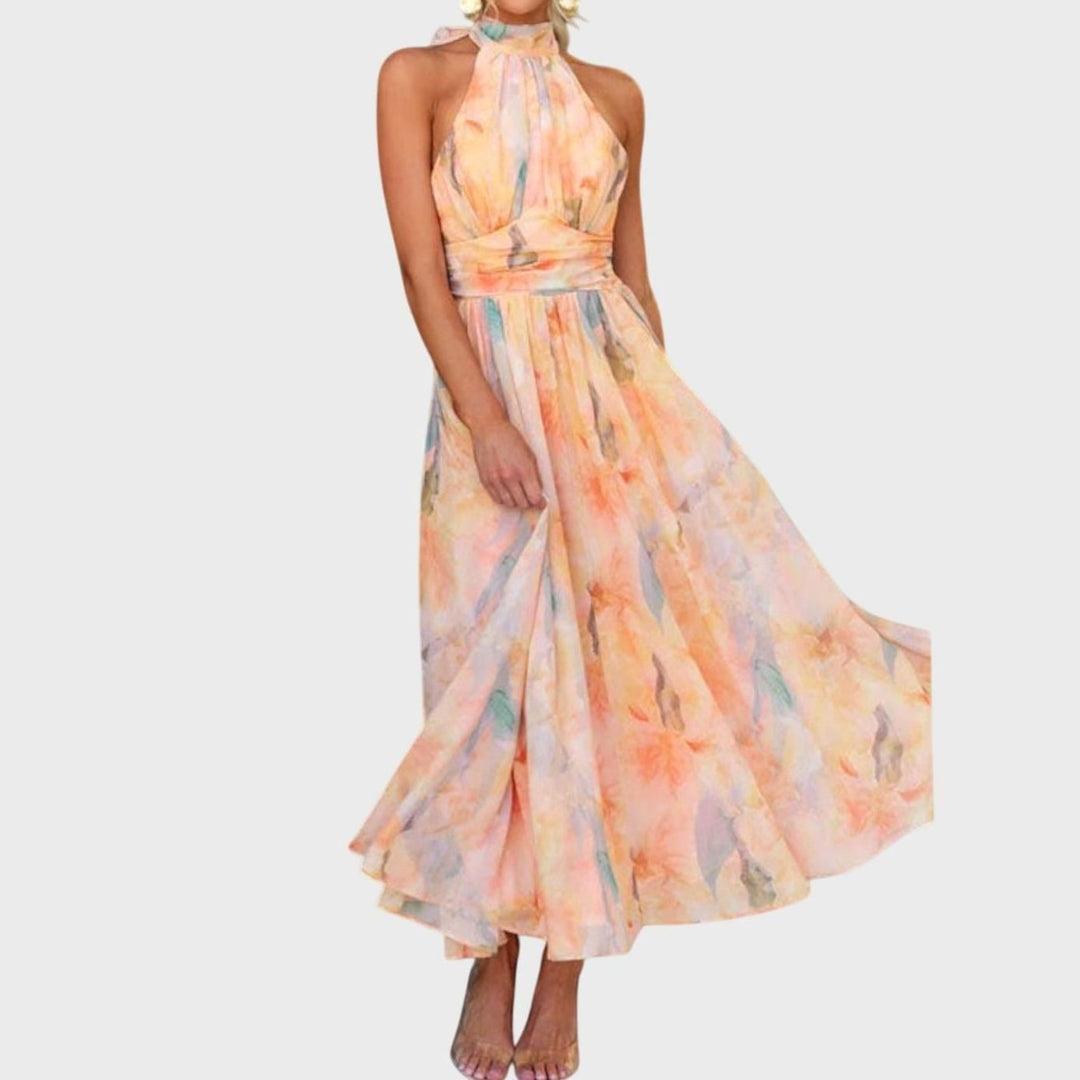 Women's Watercolor Print Halter-Neck Open-Back Maxi Dress