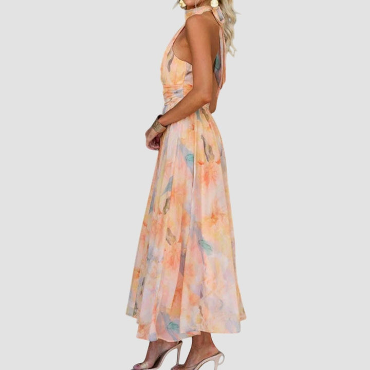 Women's Watercolor Print Halter-Neck Open-Back Maxi Dress