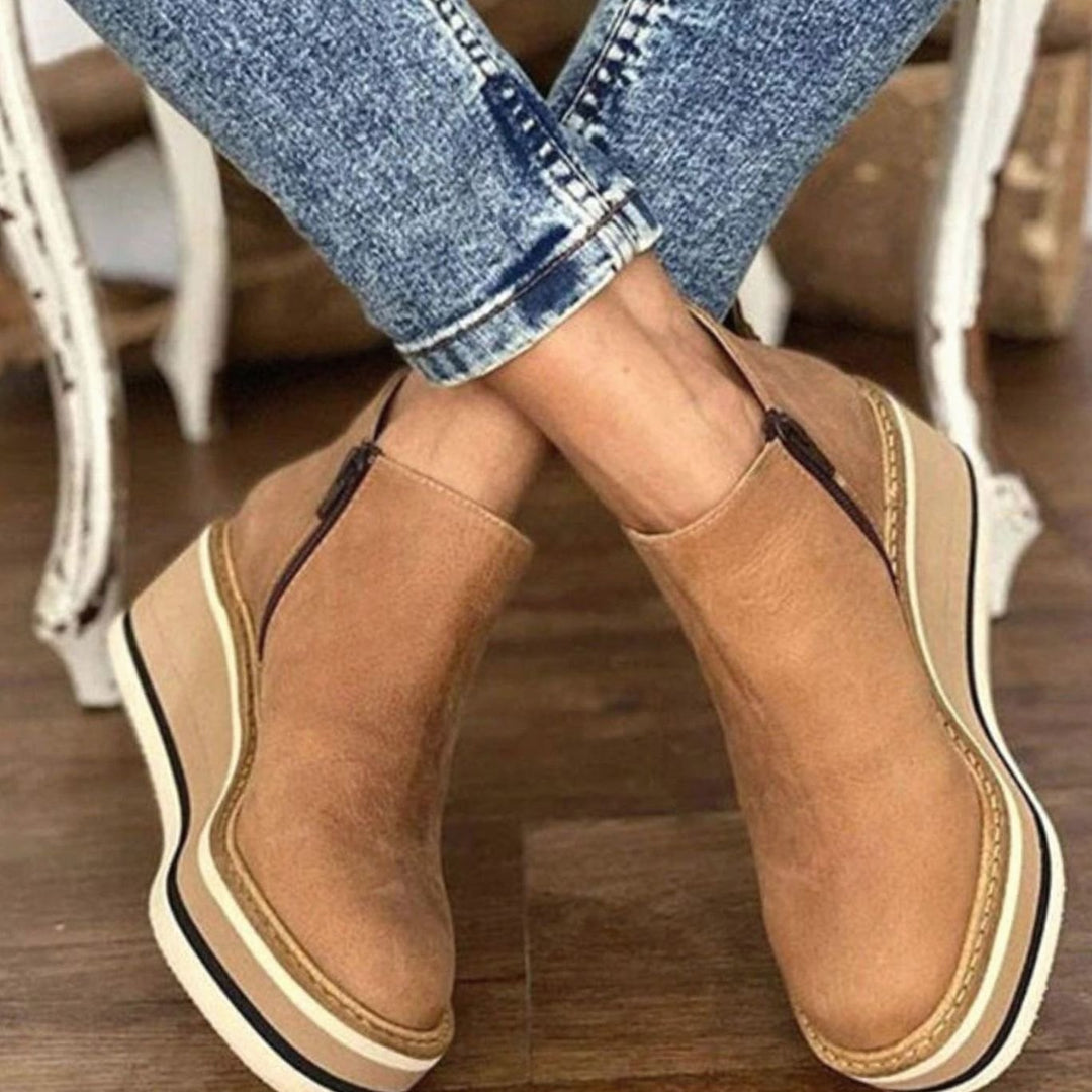 Women's Wedge Platform Chelsea Boots Slip-On Ankle Booties - Beige