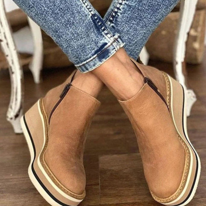 Women's Wedge Platform Chelsea Boots Slip-On Ankle Booties - Beige