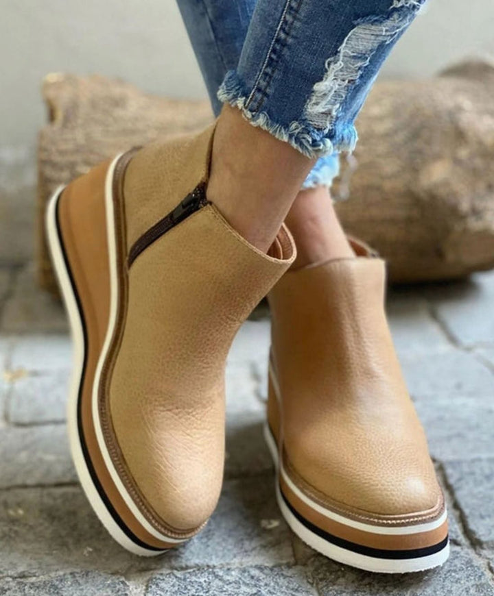 Women's Wedge Platform Side-Zip Ankle Boots - Beige