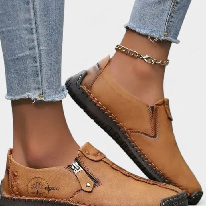 Women's Wide Toe Box Shoes Cushioned Insole Zip Loafers - Brown