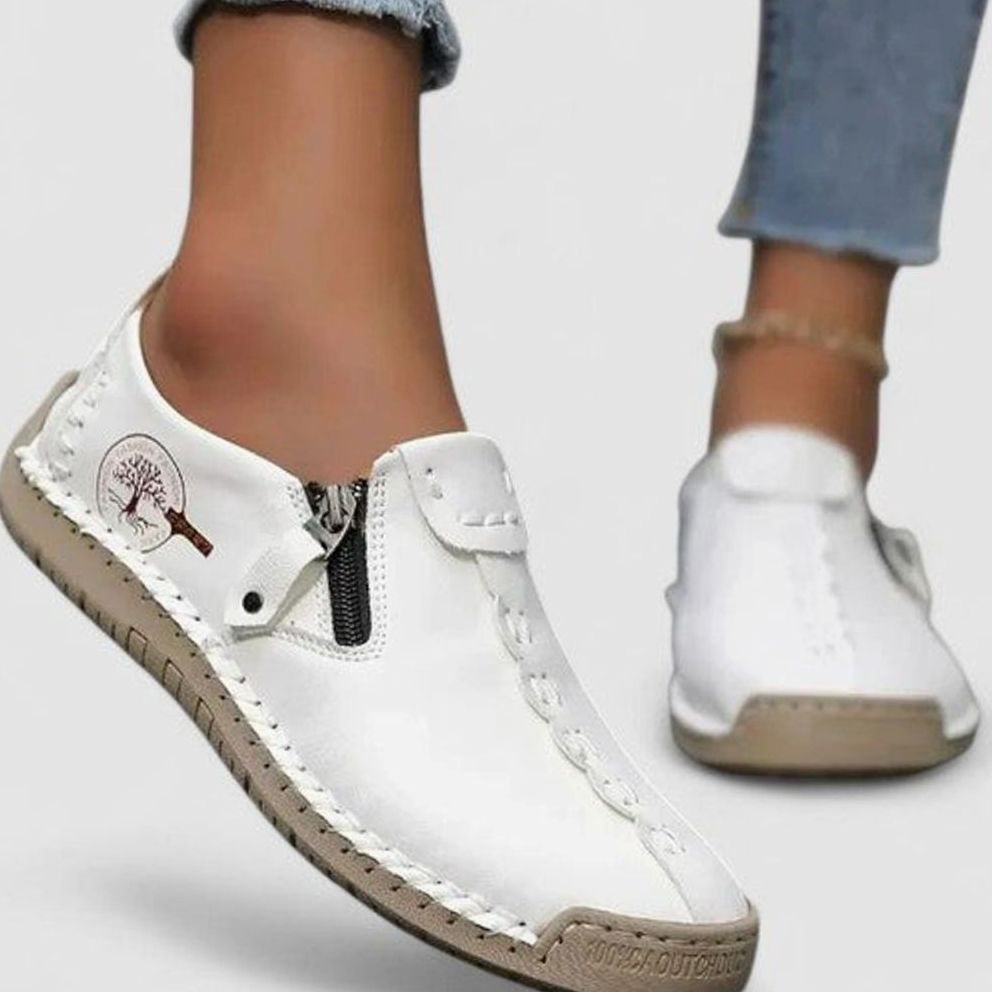 Women's Wide Toe Box Shoes Cushioned Insole Zip Loafers - White