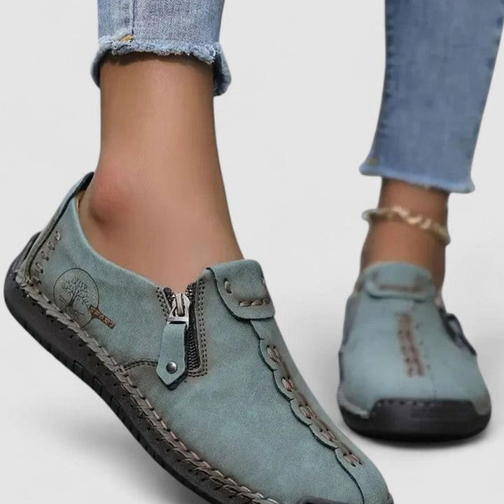 Women's Wide Toe Box Shoes Cushioned Insole Zip Loafers - Dark Green
