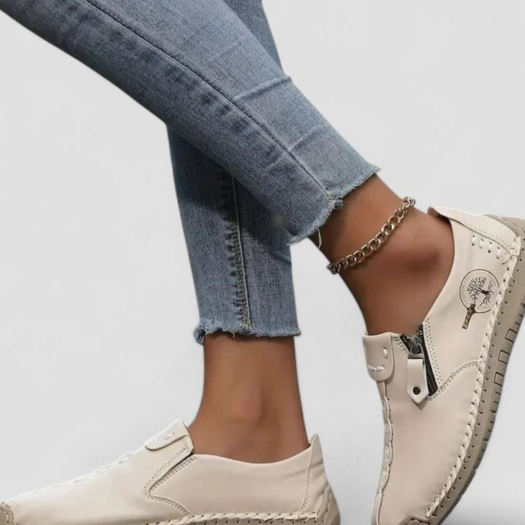 Women's Wide Toe Box Shoes Cushioned Insole Zip Loafers - Beige