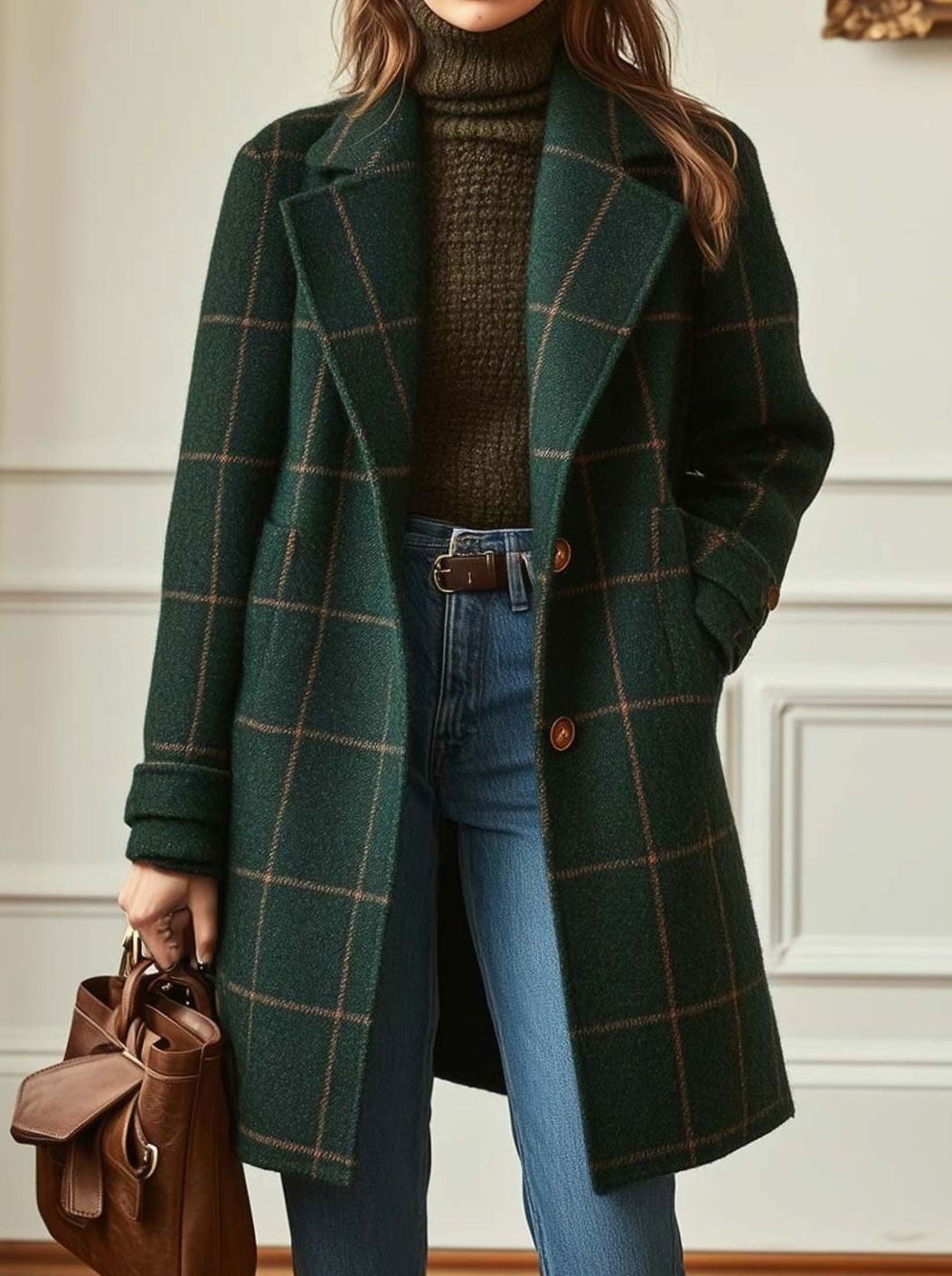 Women's Wool-Blend Tailored Lapel Check Coat - Dark Green