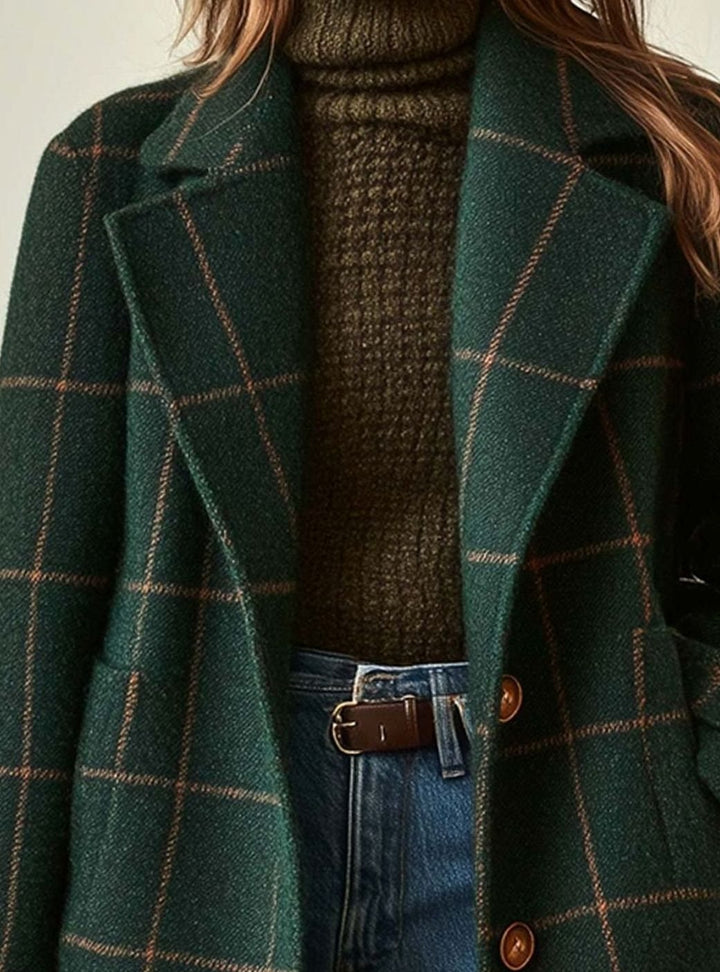 Women's Wool-Blend Tailored Lapel Check Coat