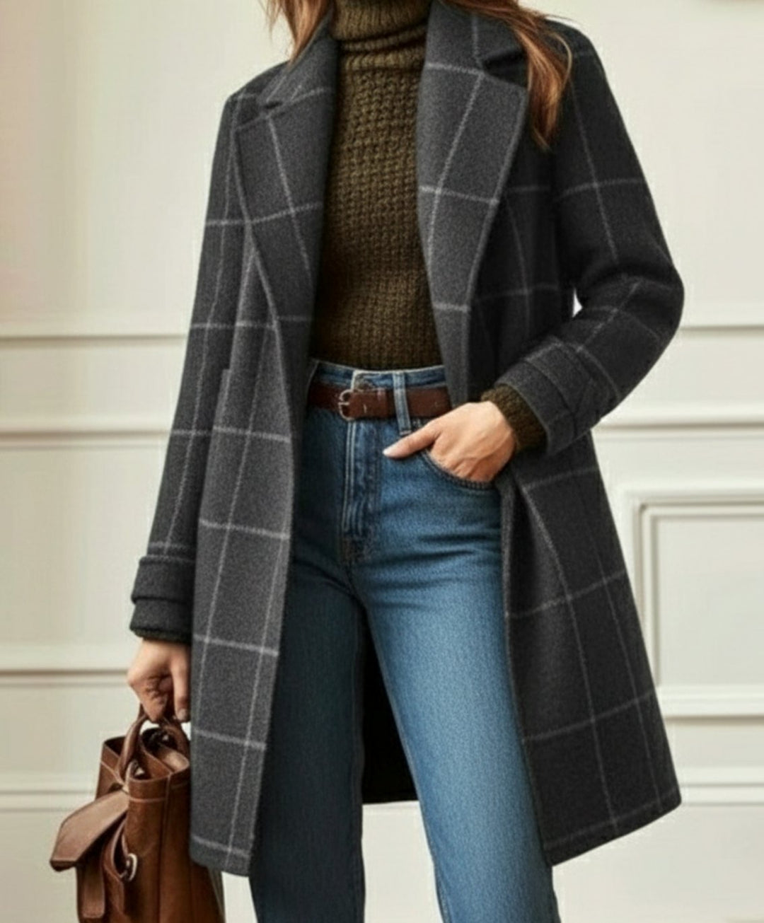 Women's Wool-Blend Tailored Lapel Check Coat - Grey