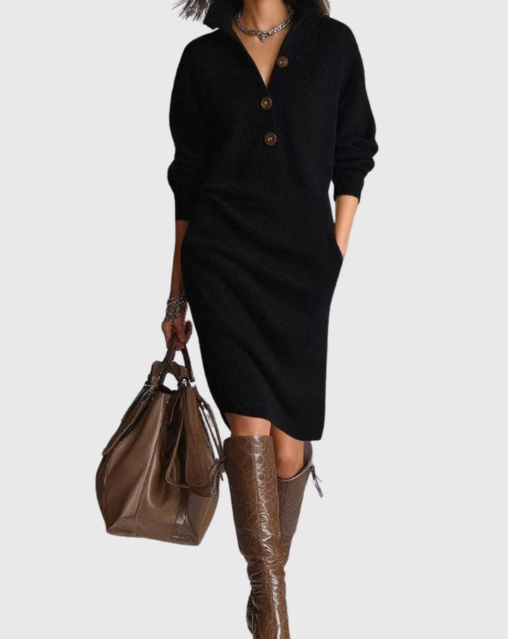 Women's Wool Ribbed-Knit Button-Collar Midi Dress - Black