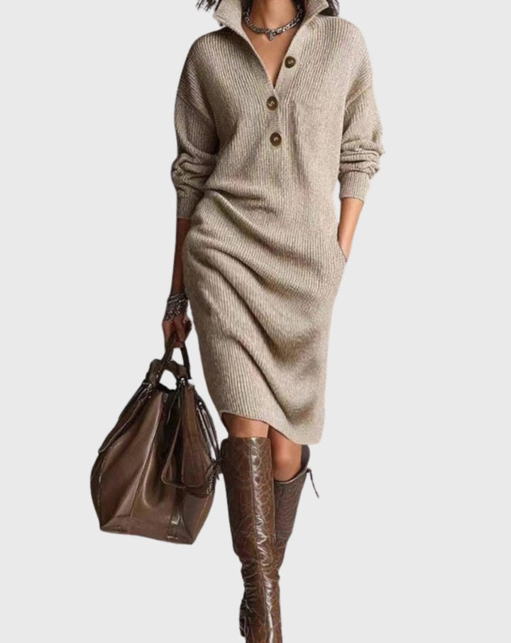 Women's Wool Ribbed-Knit Button-Collar Midi Dress - Khaki