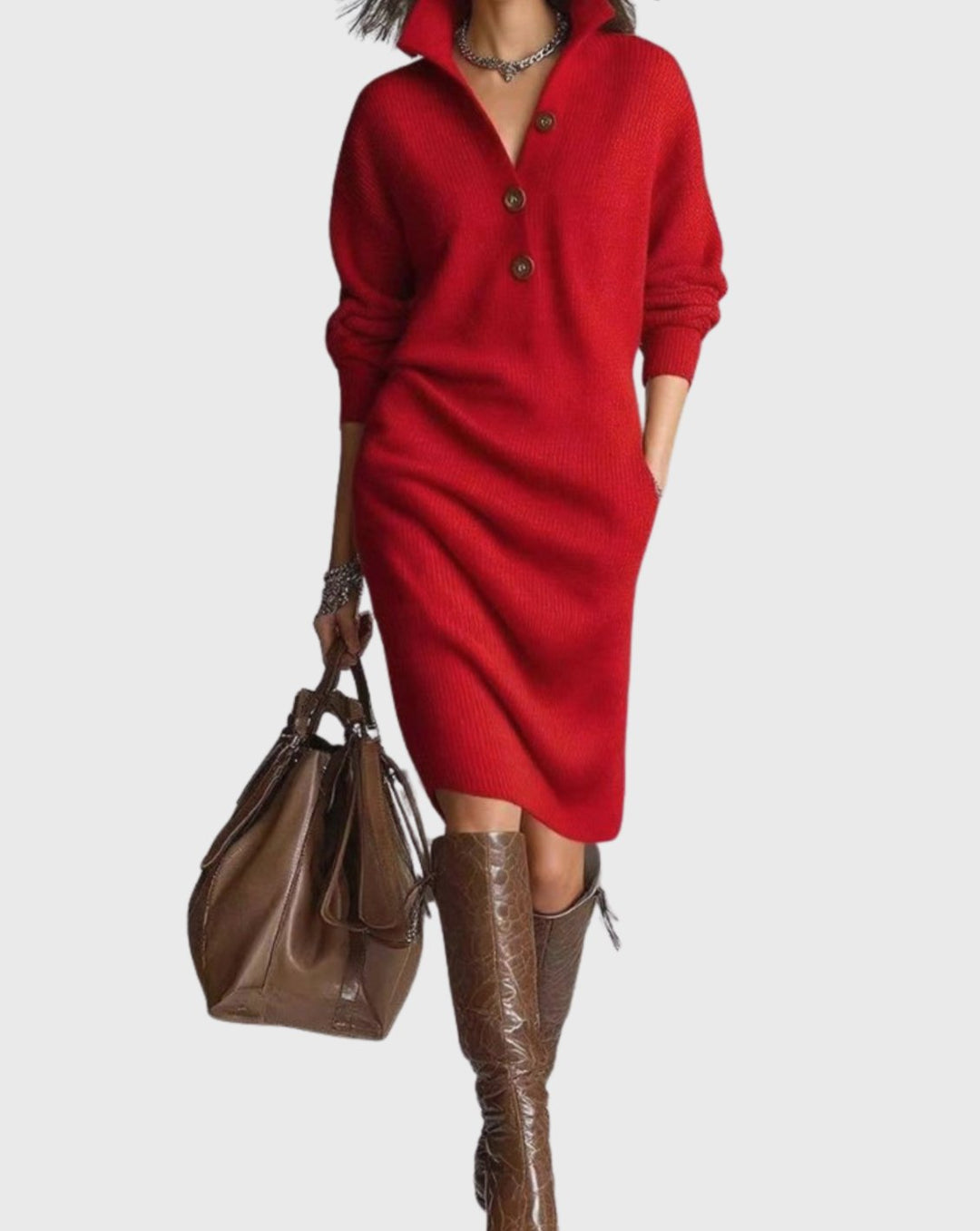 Women's Wool Ribbed-Knit Button-Collar Midi Dress - Red