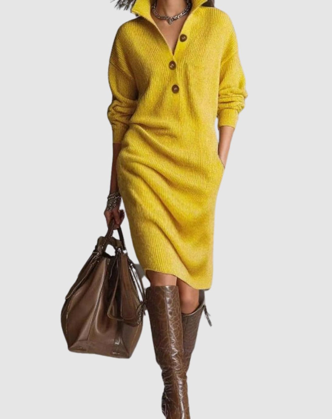 Women's Wool Ribbed-Knit Button-Collar Midi Dress - Yellow