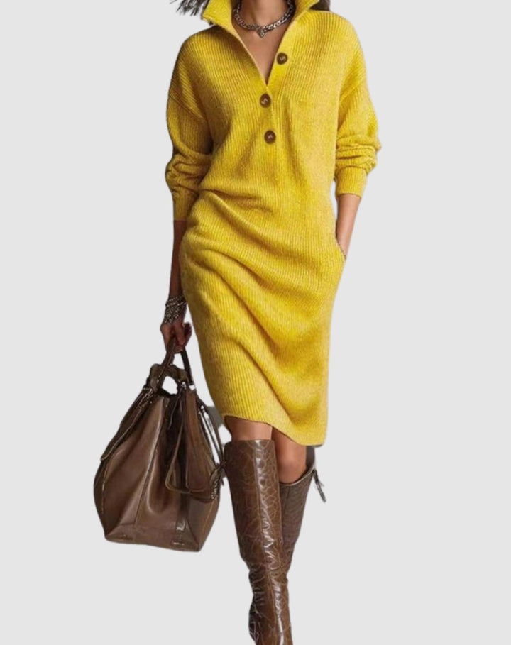 Women's Wool Ribbed-Knit Button-Collar Midi Dress - Yellow