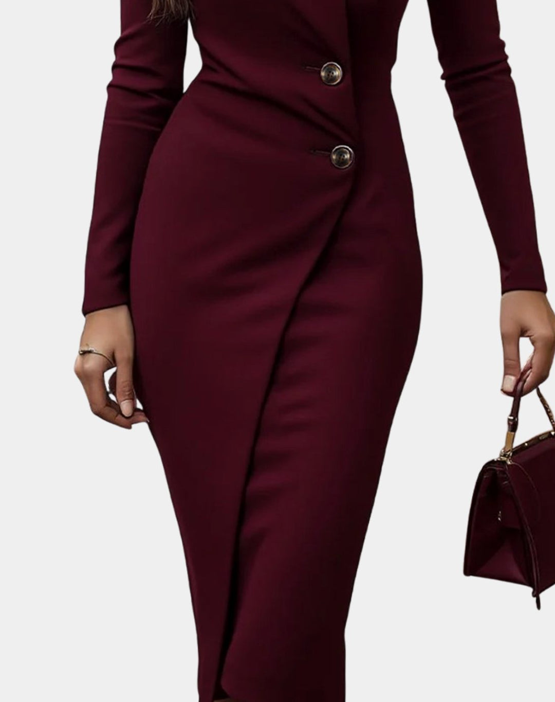 Women's Wrap-Style Long Sleeve Button-Detail Bodycon Midi Dress