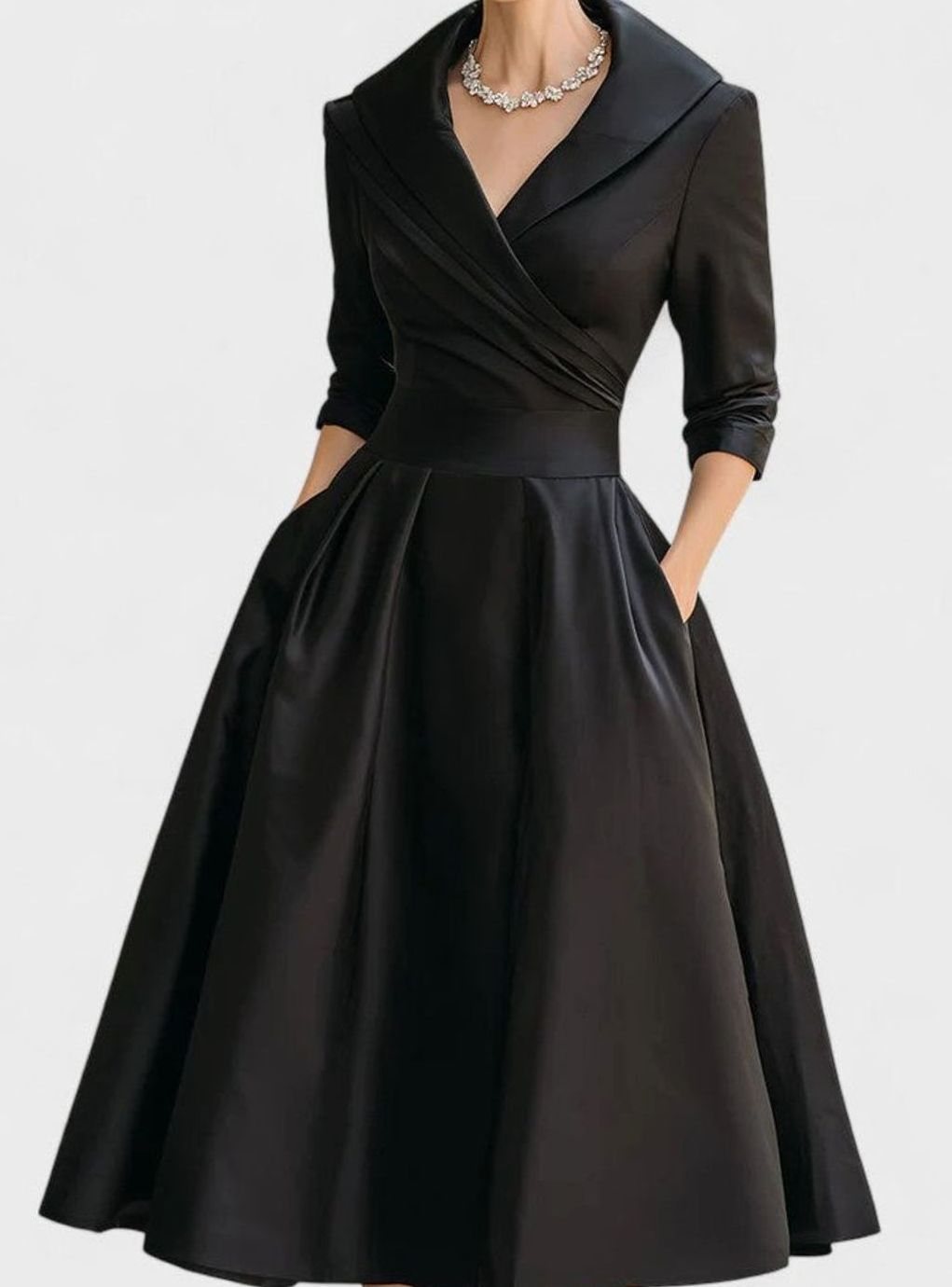Women's Wrap-Style Surplice A-Line Midi Dress Pockets - Black