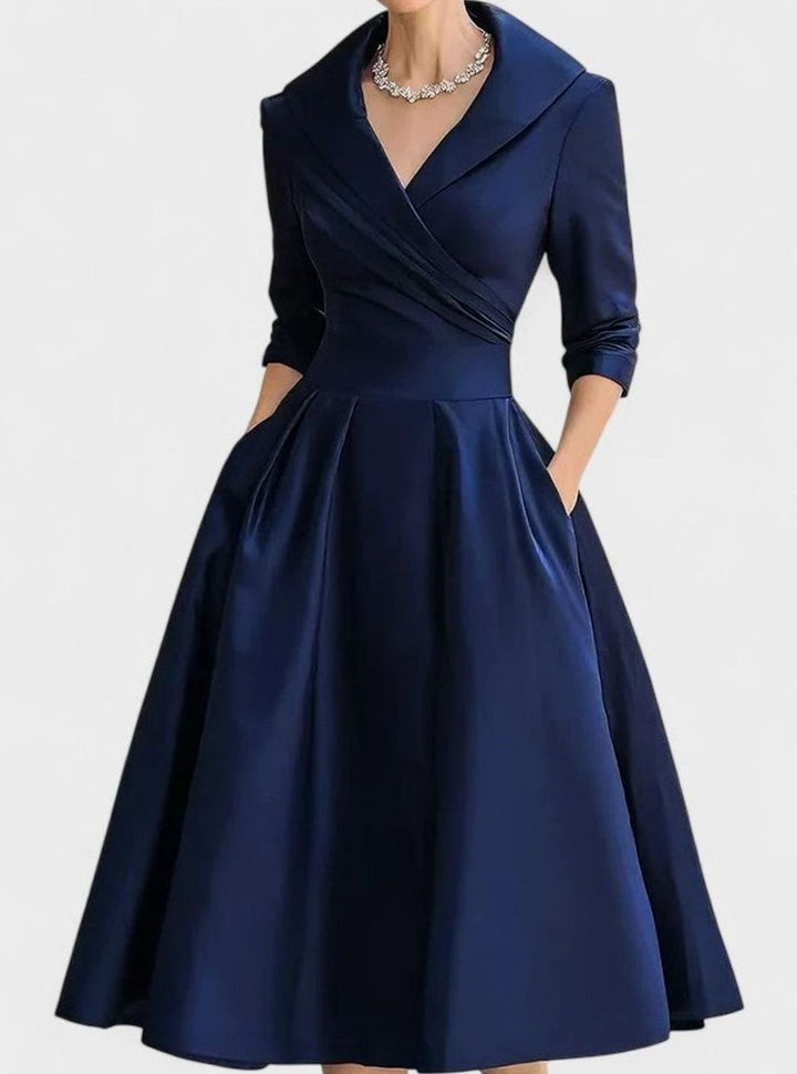 Women's Wrap-Style Surplice A-Line Midi Dress Pockets - Navy