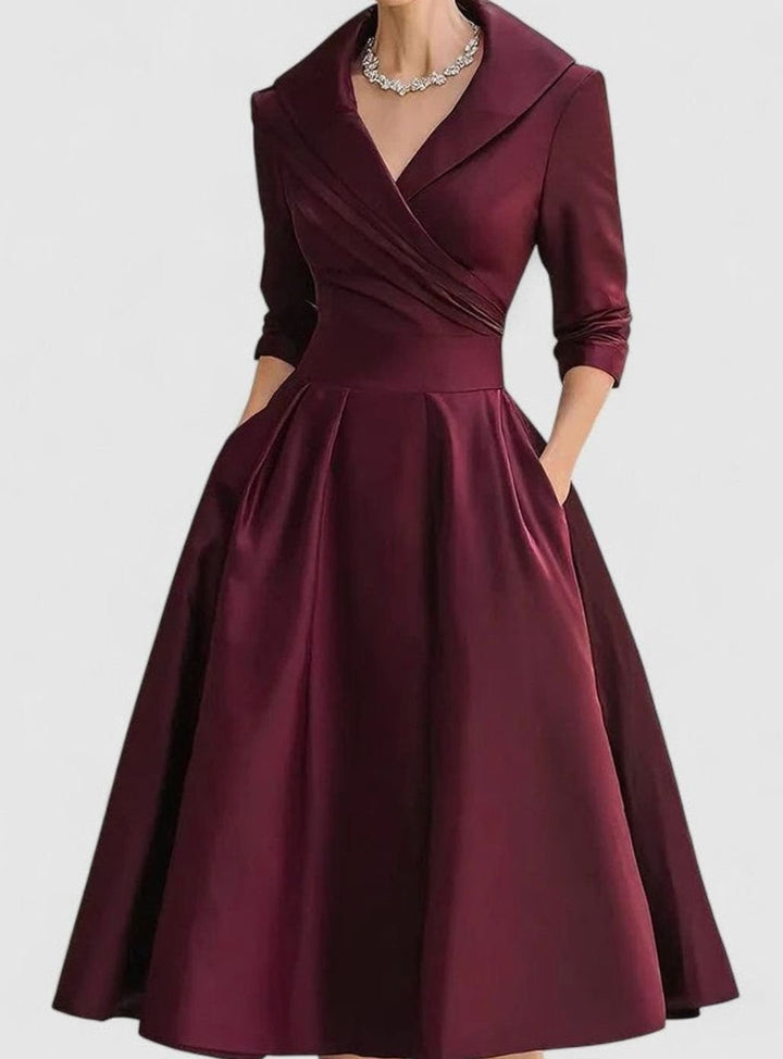 Women's Wrap-Style Surplice A-Line Midi Dress Pockets - Burgundy