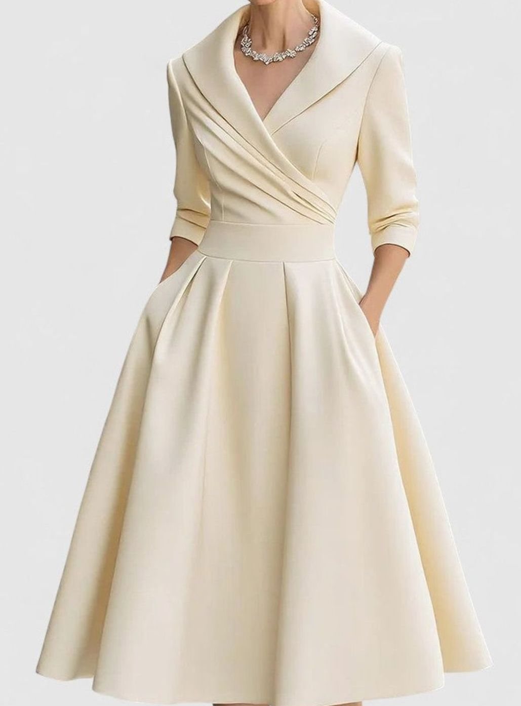 Women's Wrap-Style Surplice A-Line Midi Dress Pockets - Beige