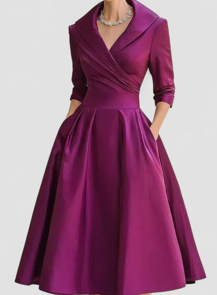 Women's Wrap-Style Surplice A-Line Midi Dress Pockets - Purple