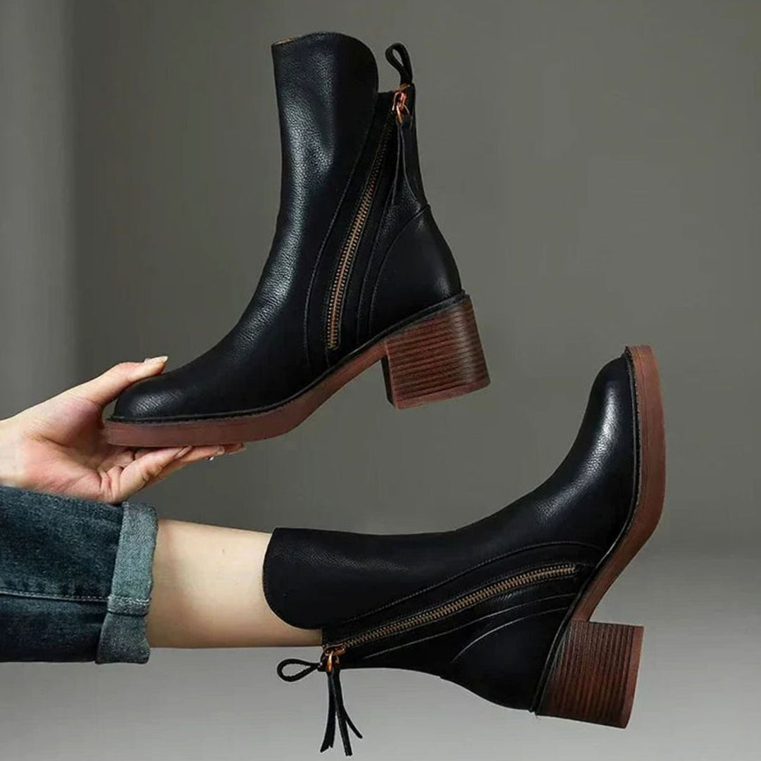 Women's Zip-Up Block Heel Boots Ankle Leather-Look Side Zipper - Black