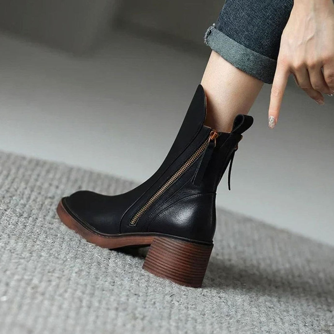 Women's Zip-Up Block Heel Boots Ankle Leather-Look Side Zipper
