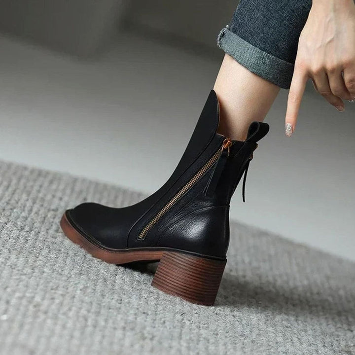 Women's Zip-Up Block Heel Boots Ankle Leather-Look Side Zipper