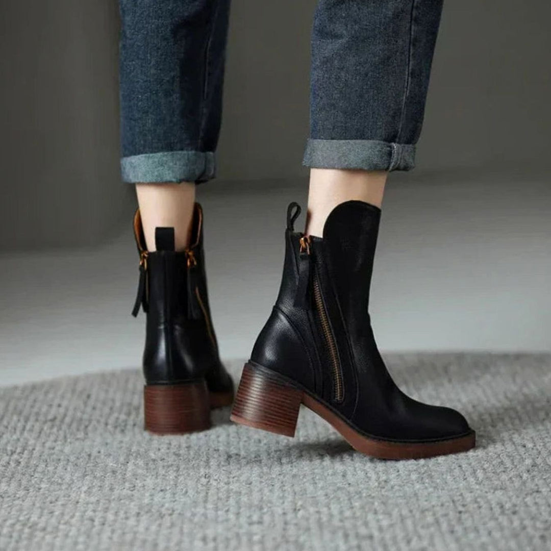 Women's Zip-Up Block Heel Boots Ankle Leather-Look Side Zipper