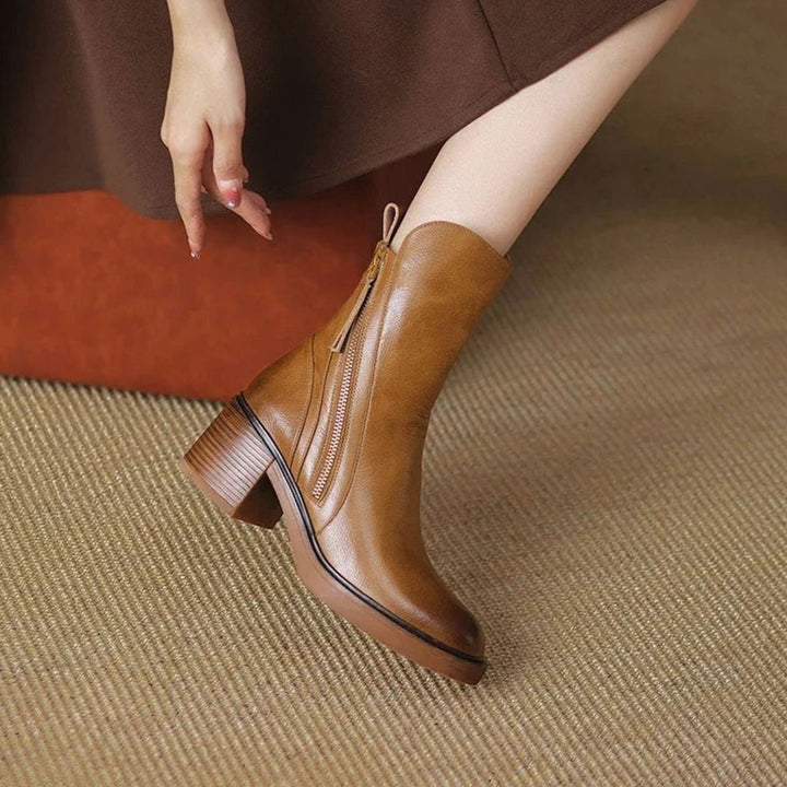 Women's Zip-Up Block Heel Boots Ankle Leather-Look Side Zipper