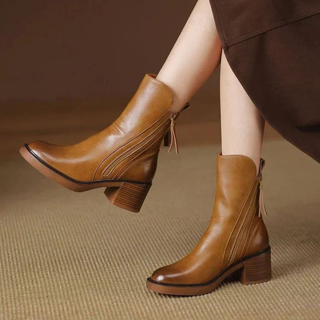 Women's Zip-Up Block Heel Boots Ankle Leather-Look Side Zipper - Brown