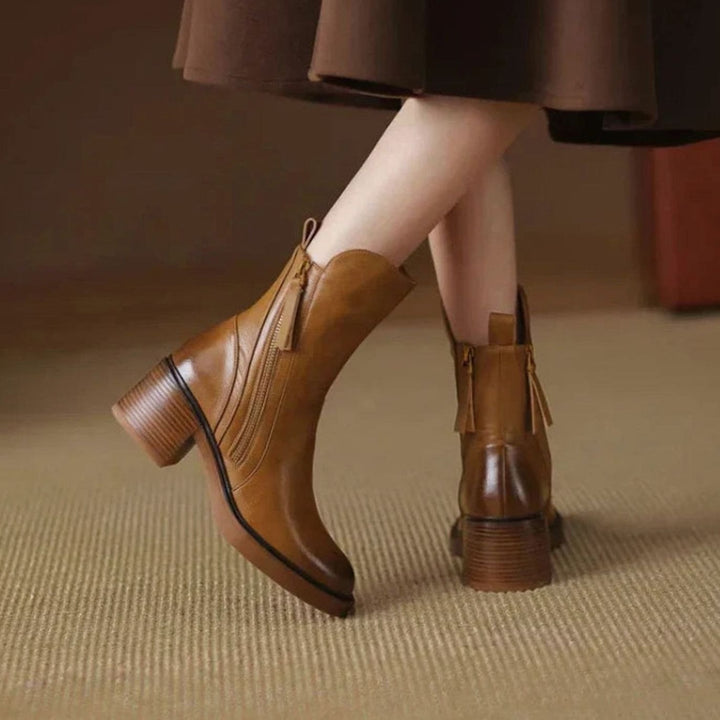 Women's Zip-Up Block Heel Boots Ankle Leather-Look Side Zipper